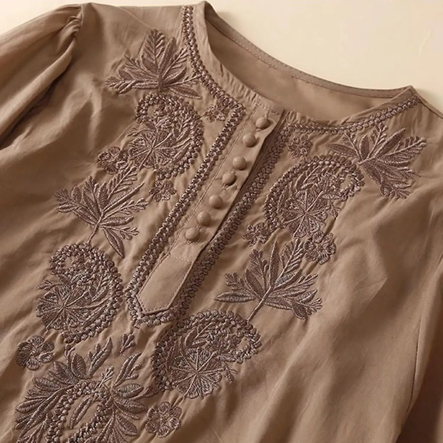 Womens Cotton Linen Short Sleeve Shirts Summer Casual Tops Loose Crewneck Boho Top Vintage Embroidered, Small