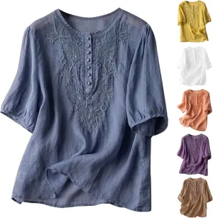 Womens Cotton Linen Short Sleeve Shirts Summer Casual Tops Loose Crewneck Boho Top Vintage Embroidered, Small
