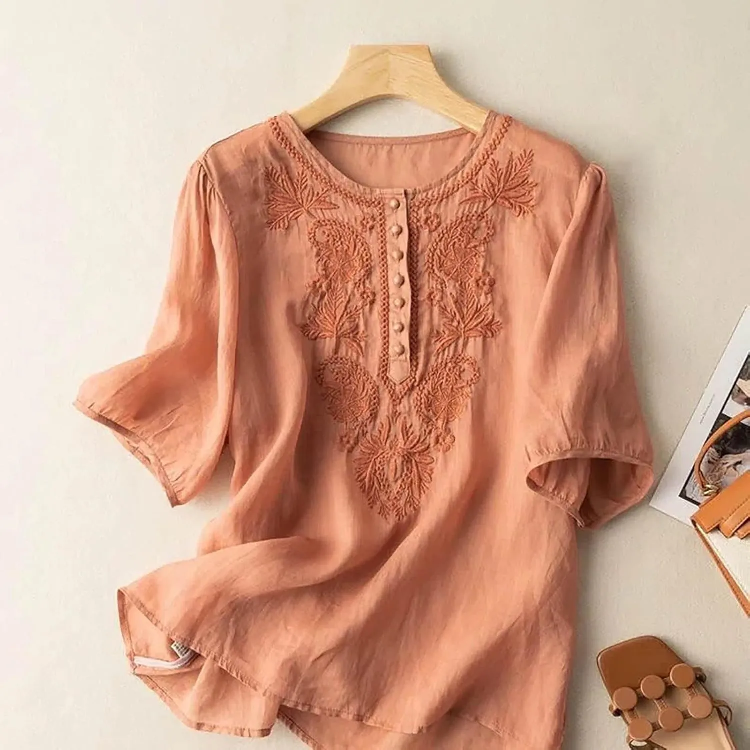 Womens Cotton Linen Short Sleeve Shirts Summer Casual Tops Loose Crewneck Boho Top Vintage Embroidered, Small