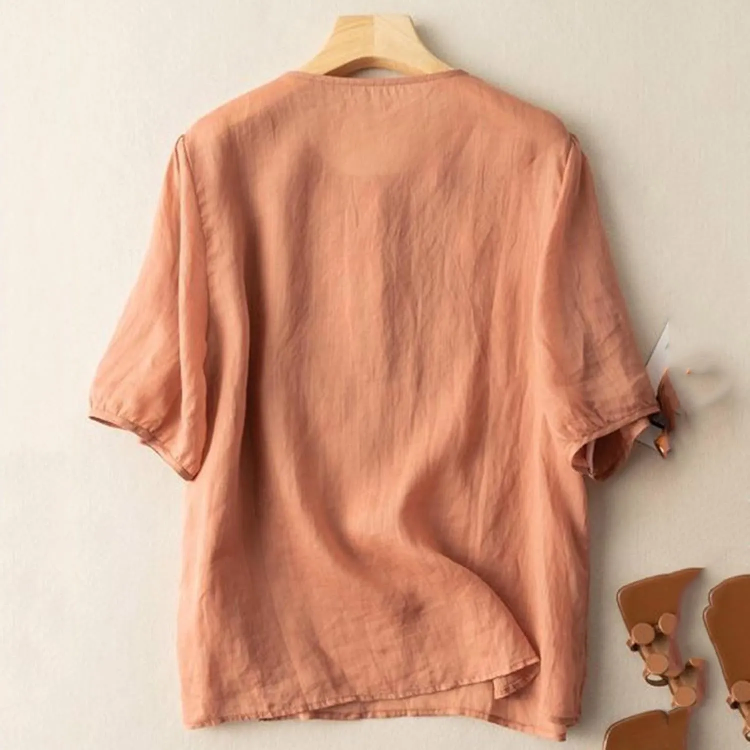 Womens Cotton Linen Short Sleeve Shirts Summer Casual Tops Loose Crewneck Boho Top Vintage Embroidered, Small