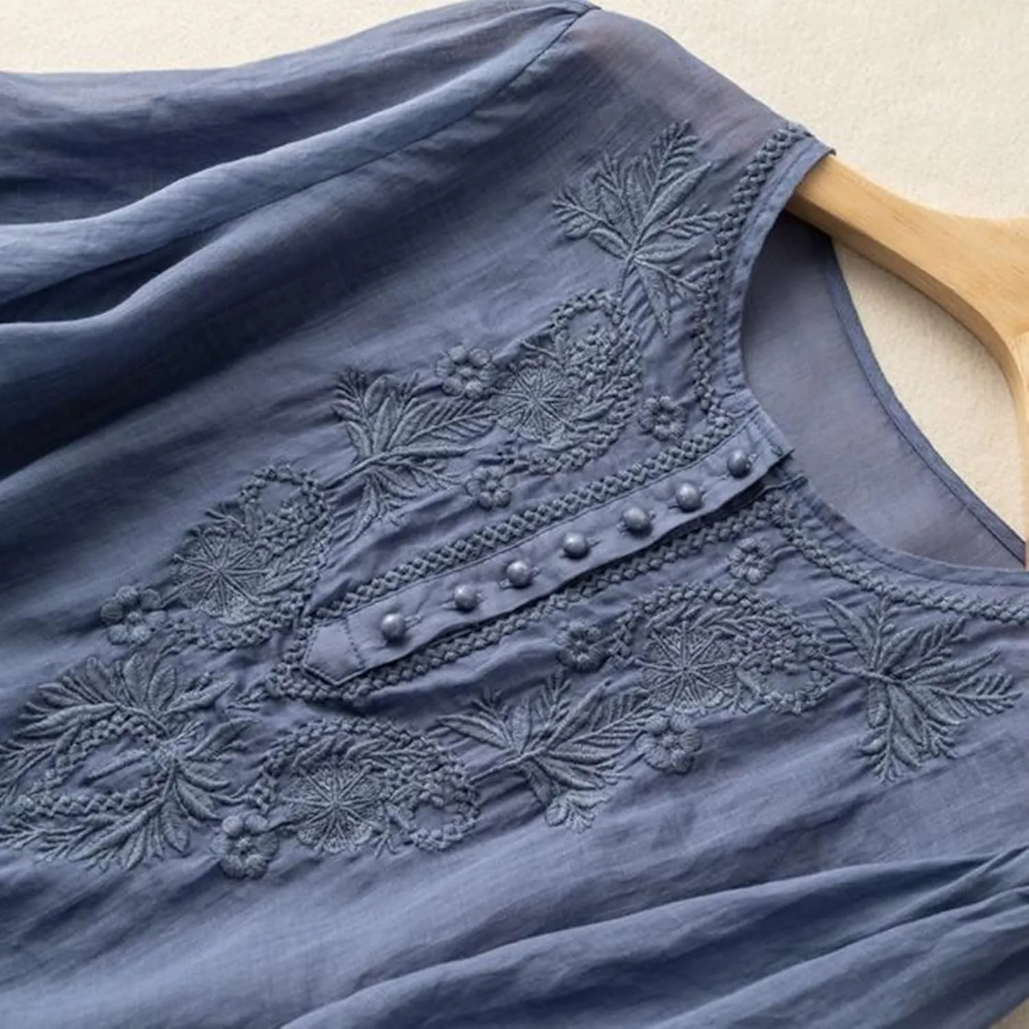 Womens Cotton Linen Short Sleeve Shirts Summer Casual Tops Loose Crewneck Boho Top Vintage Embroidered, Small