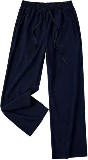 Womens Cotton Linen Straight Leg Pants High Waisted Drawstring Stretchy Business Work Casual Trousers with Pockets