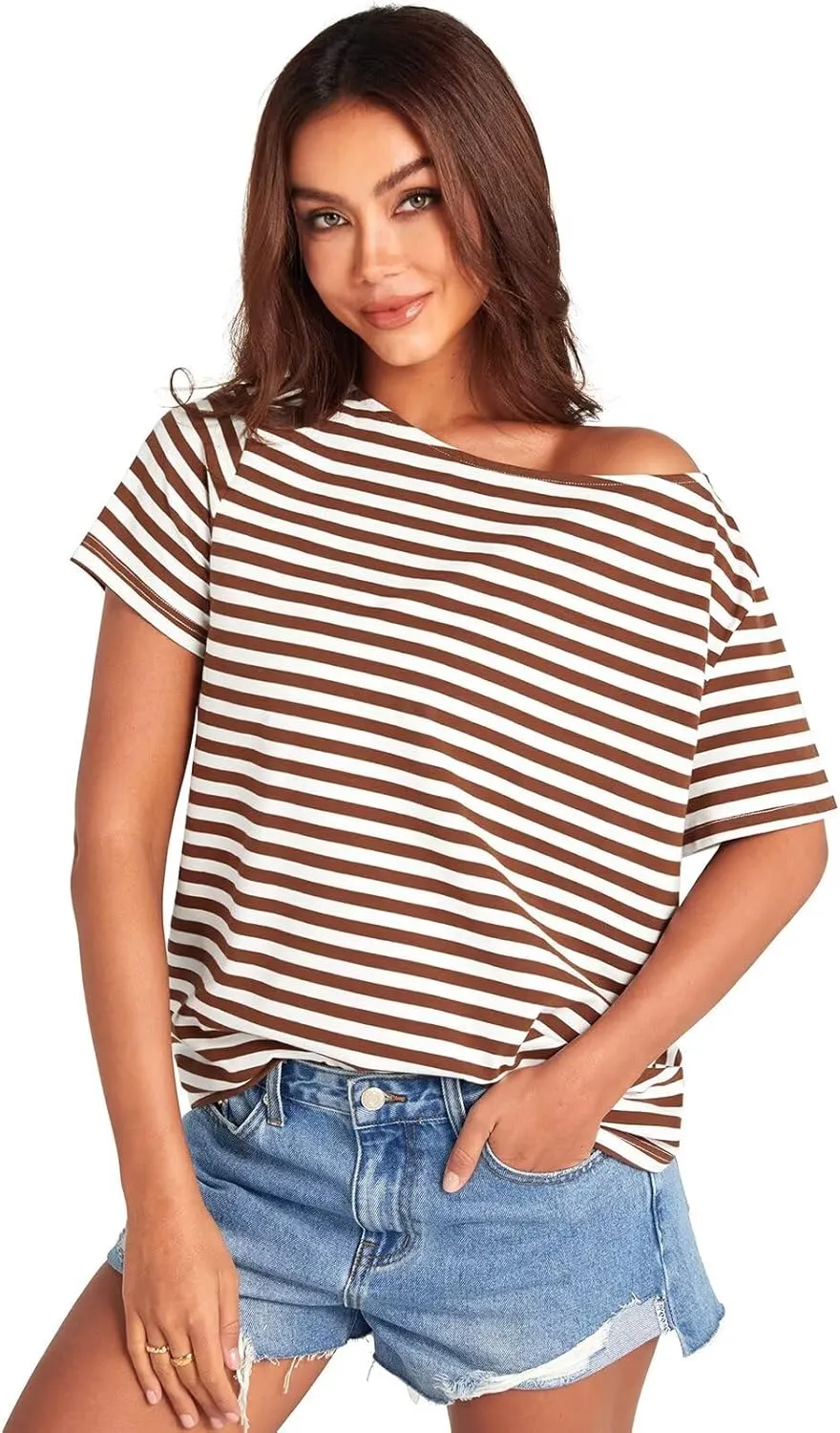 Womens Cotton Oversized Tshirts Boat Neck Off Shoulder Short Sleeve Tops Loose Fit Summer Streetwear Clothes