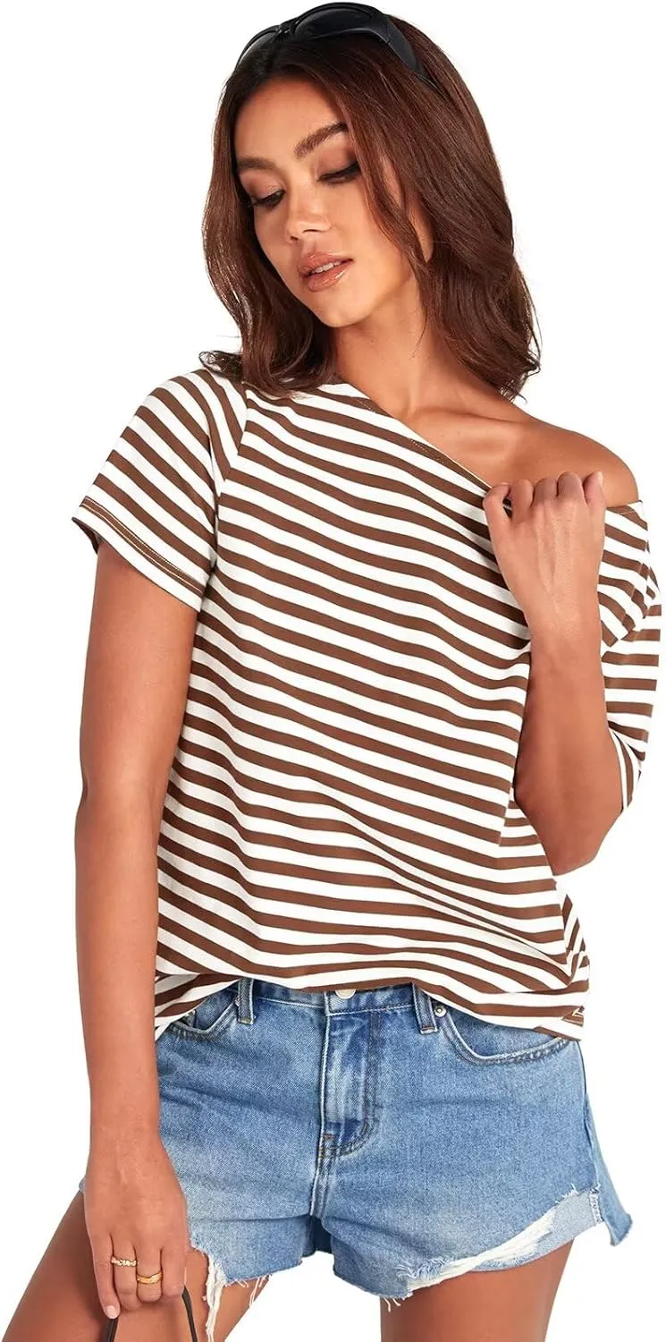 Womens Cotton Oversized Tshirts Boat Neck Off Shoulder Short Sleeve Tops Loose Fit Summer Streetwear Clothes