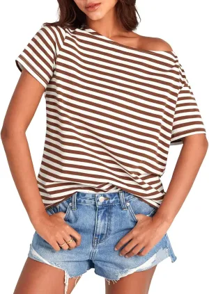 Womens Cotton Oversized Tshirts Boat Neck Off Shoulder Short Sleeve Tops Loose Fit Summer Streetwear Clothes