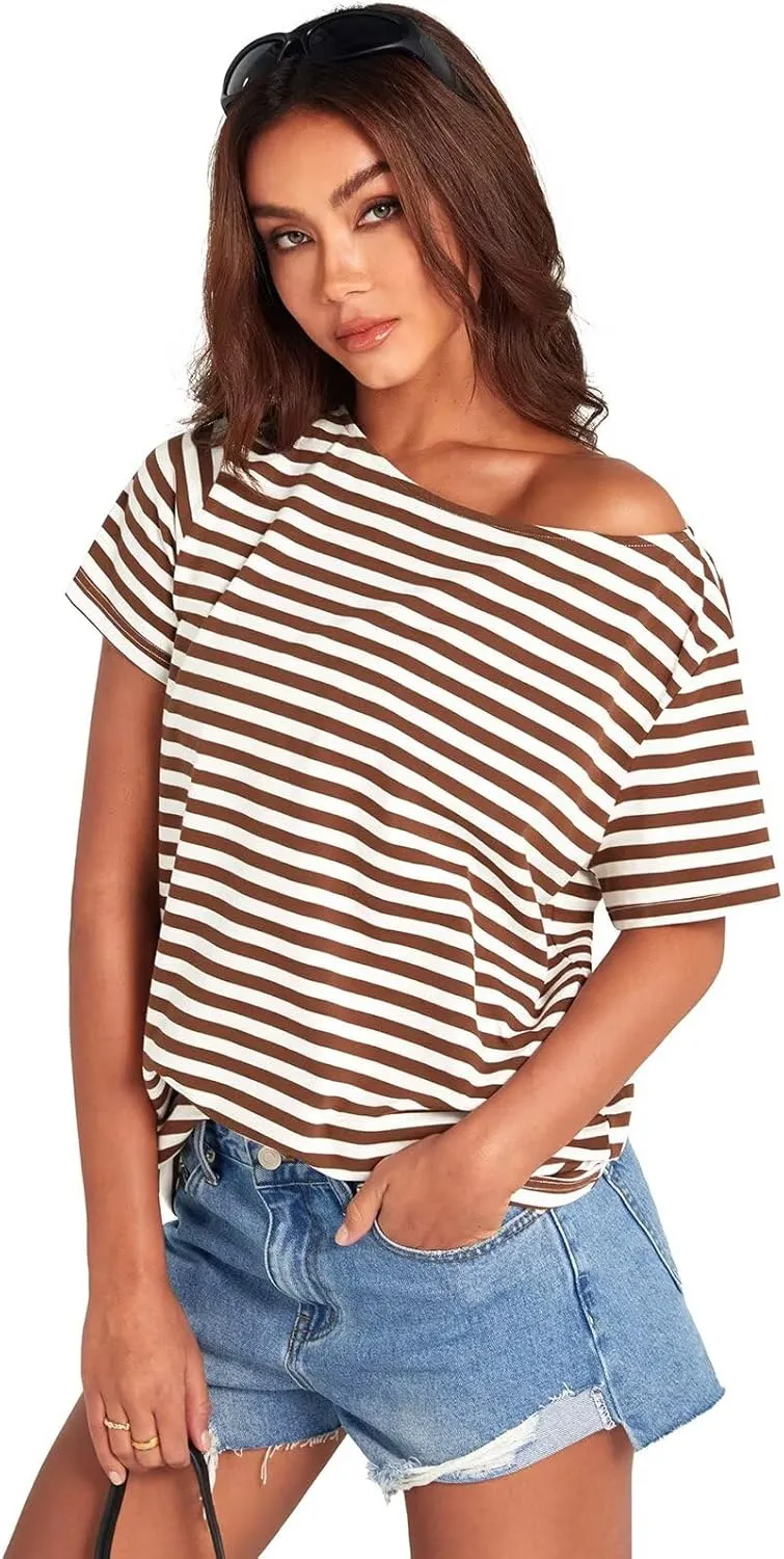 Womens Cotton Oversized Tshirts Boat Neck Off Shoulder Short Sleeve Tops Loose Fit Summer Streetwear Clothes