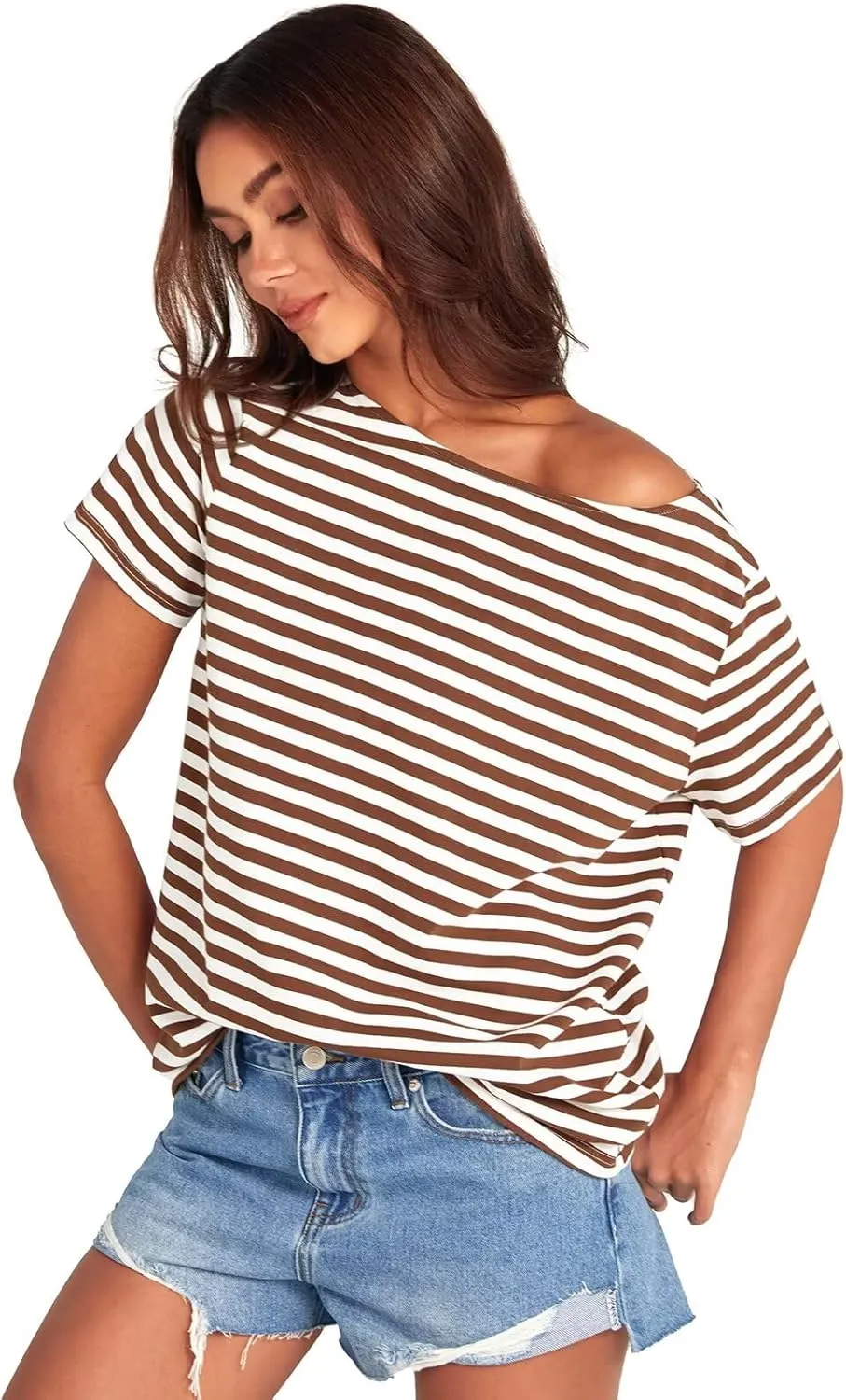 Womens Cotton Oversized Tshirts Boat Neck Off Shoulder Short Sleeve Tops Loose Fit Summer Streetwear Clothes