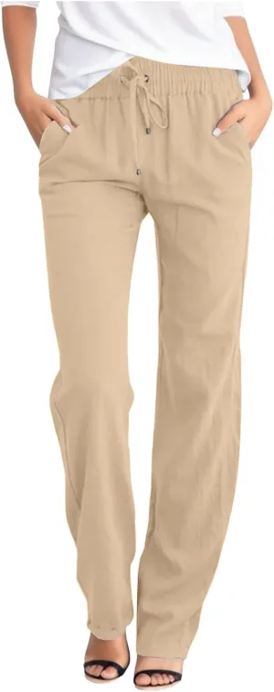 Womens Cotton Pants Summer Long Straight Leg Pants for Women Stretchy Plain Trousers Workout Jogger Pants