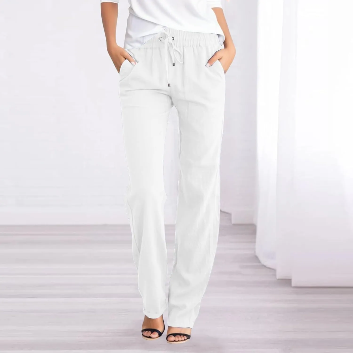 Womens Cotton Pants Summer Long Straight Leg Pants for Women Stretchy Plain Trousers Workout Jogger Pants