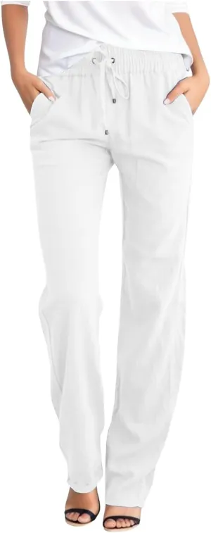 Womens Cotton Pants Summer Long Straight Leg Pants for Women Stretchy Plain Trousers Workout Jogger Pants