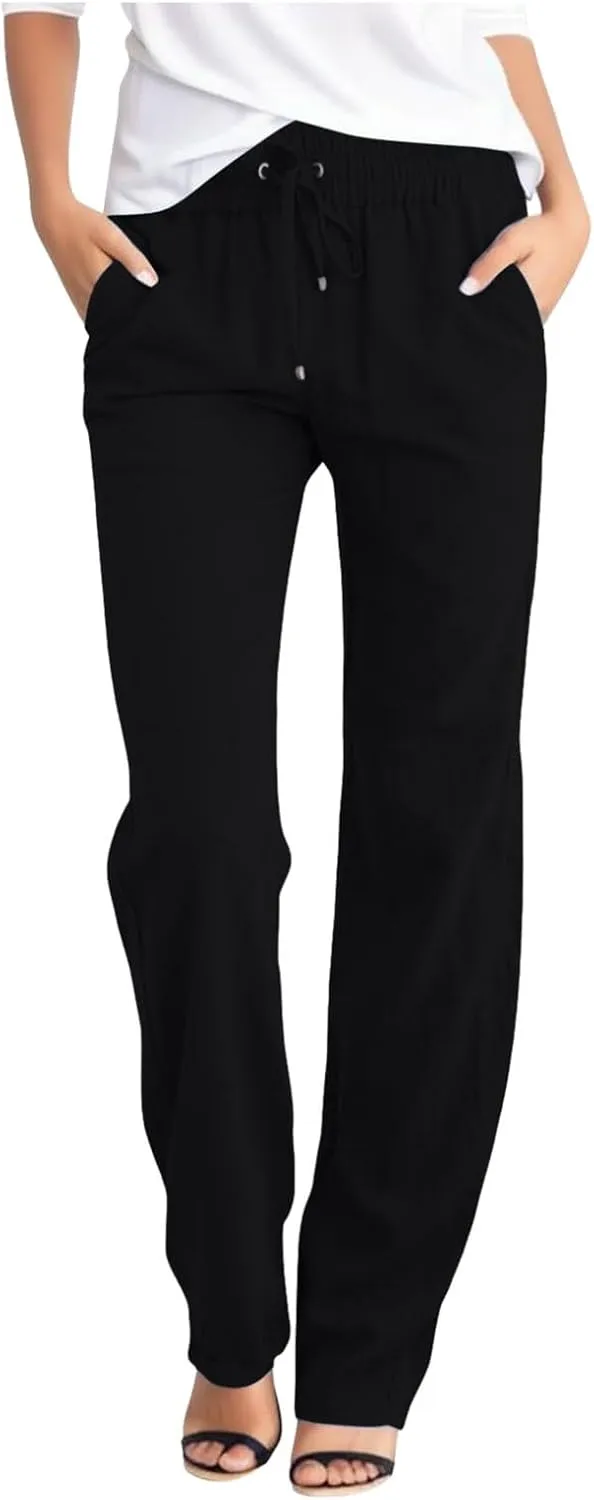 Womens Cotton Pants Summer Long Straight Leg Pants for Women Stretchy Plain Trousers Workout Jogger Pants