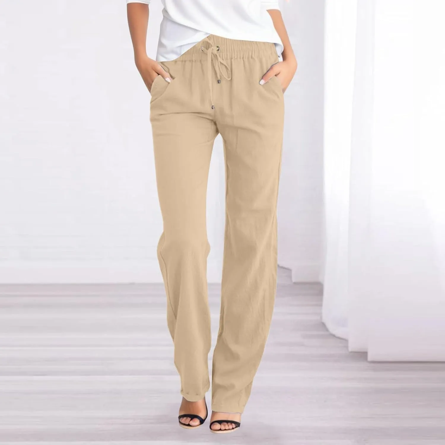 Womens Cotton Pants Summer Long Straight Leg Pants for Women Stretchy Plain Trousers Workout Jogger Pants
