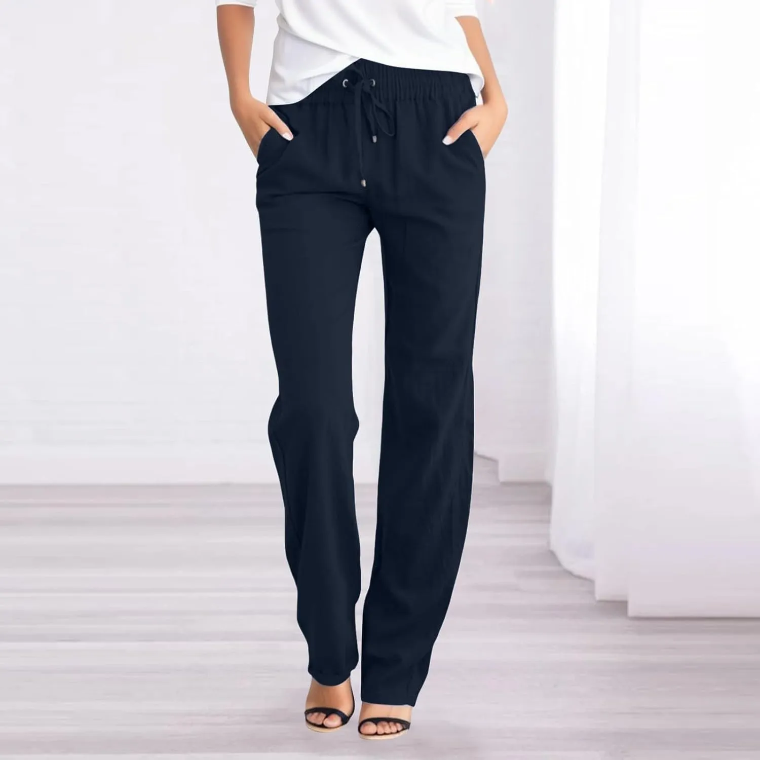 Womens Cotton Pants Summer Long Straight Leg Pants for Women Stretchy Plain Trousers Workout Jogger Pants