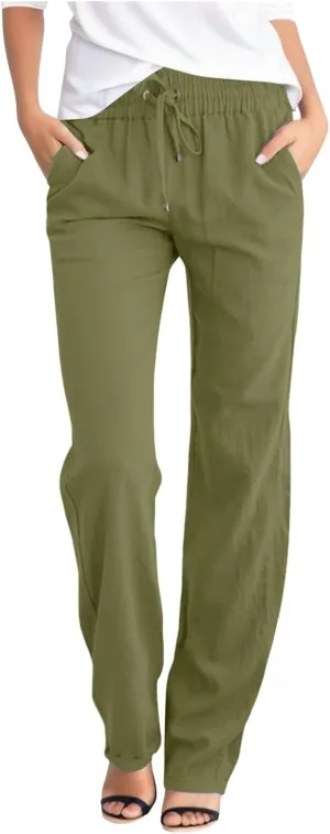 Womens Cotton Pants Summer Long Straight Leg Pants for Women Stretchy Plain Trousers Workout Jogger Pants