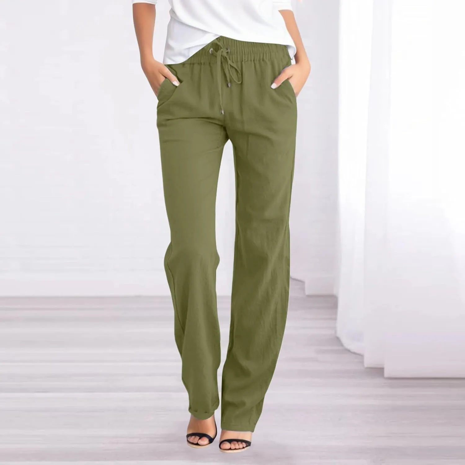 Womens Cotton Pants Summer Long Straight Leg Pants for Women Stretchy Plain Trousers Workout Jogger Pants