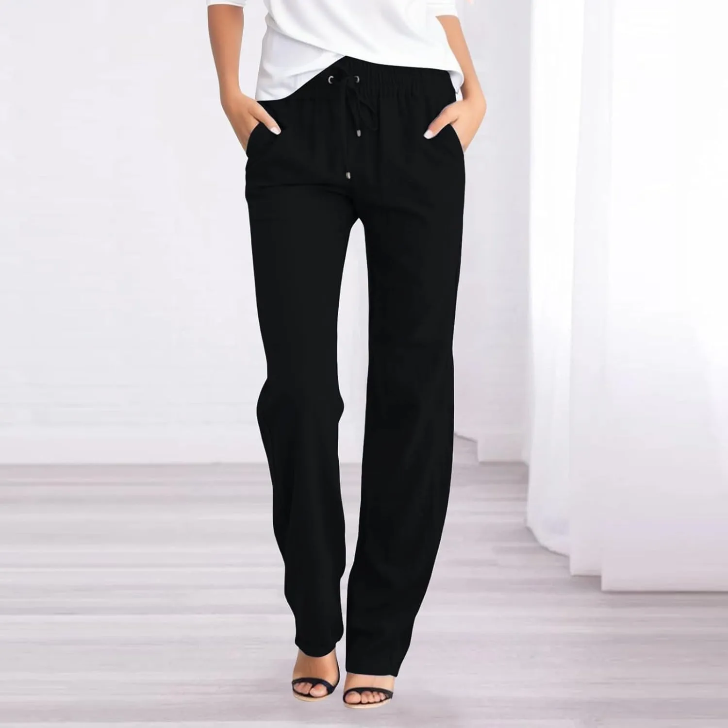 Womens Cotton Pants Summer Long Straight Leg Pants for Women Stretchy Plain Trousers Workout Jogger Pants