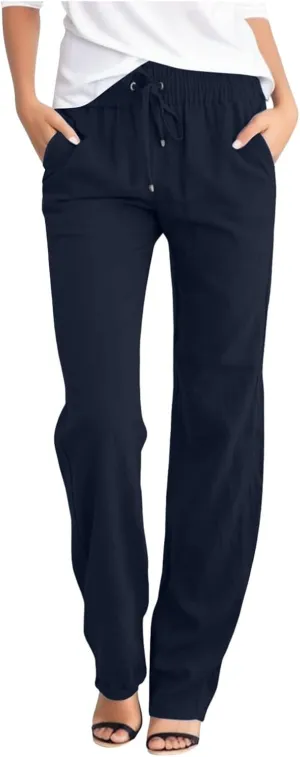 Womens Cotton Pants Summer Long Straight Leg Pants for Women Stretchy Plain Trousers Workout Jogger Pants