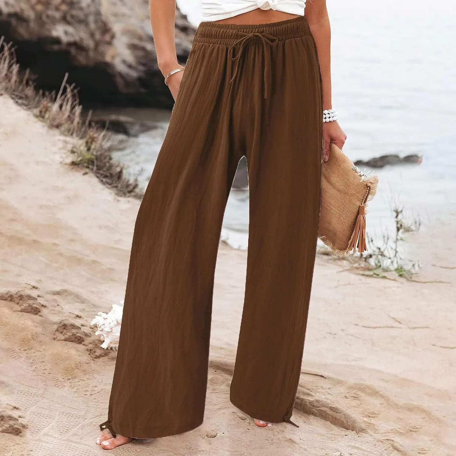 Womens Drawstring Elastic Waist Pants Casual Wide Leg Trousers with Pockets Comfy Straight Leg Pants Bottom Bow Tie