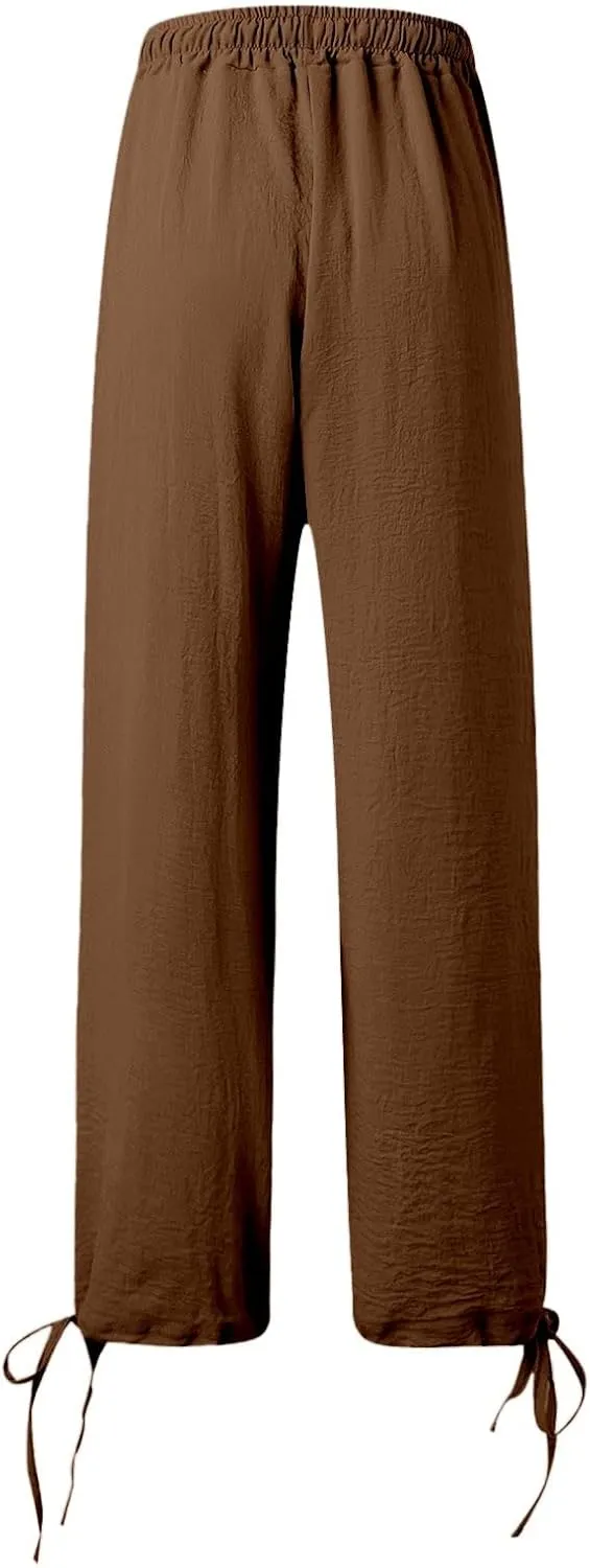 Womens Drawstring Elastic Waist Pants Casual Wide Leg Trousers with Pockets Comfy Straight Leg Pants Bottom Bow Tie