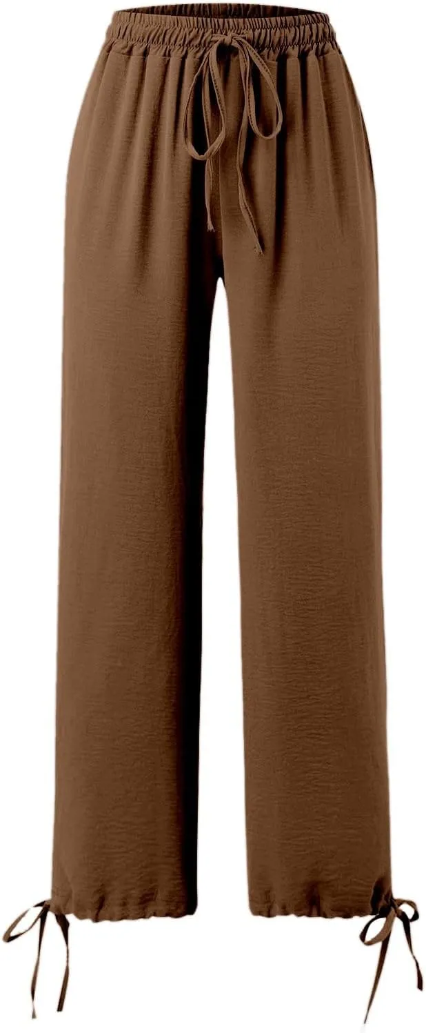 Womens Drawstring Elastic Waist Pants Casual Wide Leg Trousers with Pockets Comfy Straight Leg Pants Bottom Bow Tie