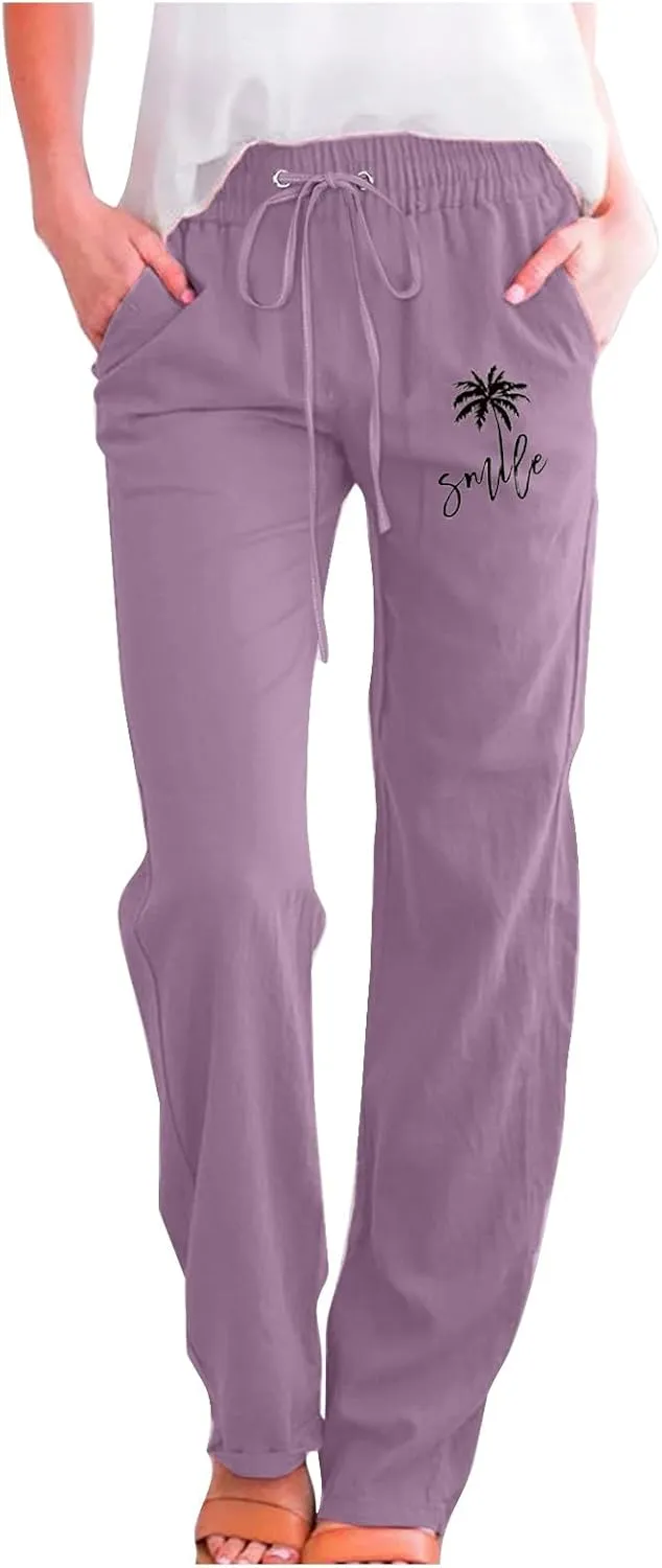 Womens Dress Pants Summer Drawstring High Waist Straight Leg Pants Casual Dressy Work Vacation Beach Trousers with Pockets