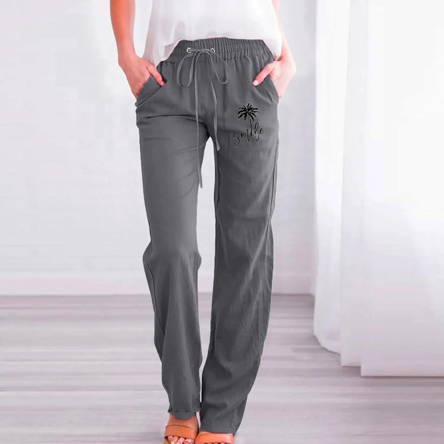 Womens Dress Pants Summer Drawstring High Waist Straight Leg Pants Casual Dressy Work Vacation Beach Trousers with Pockets