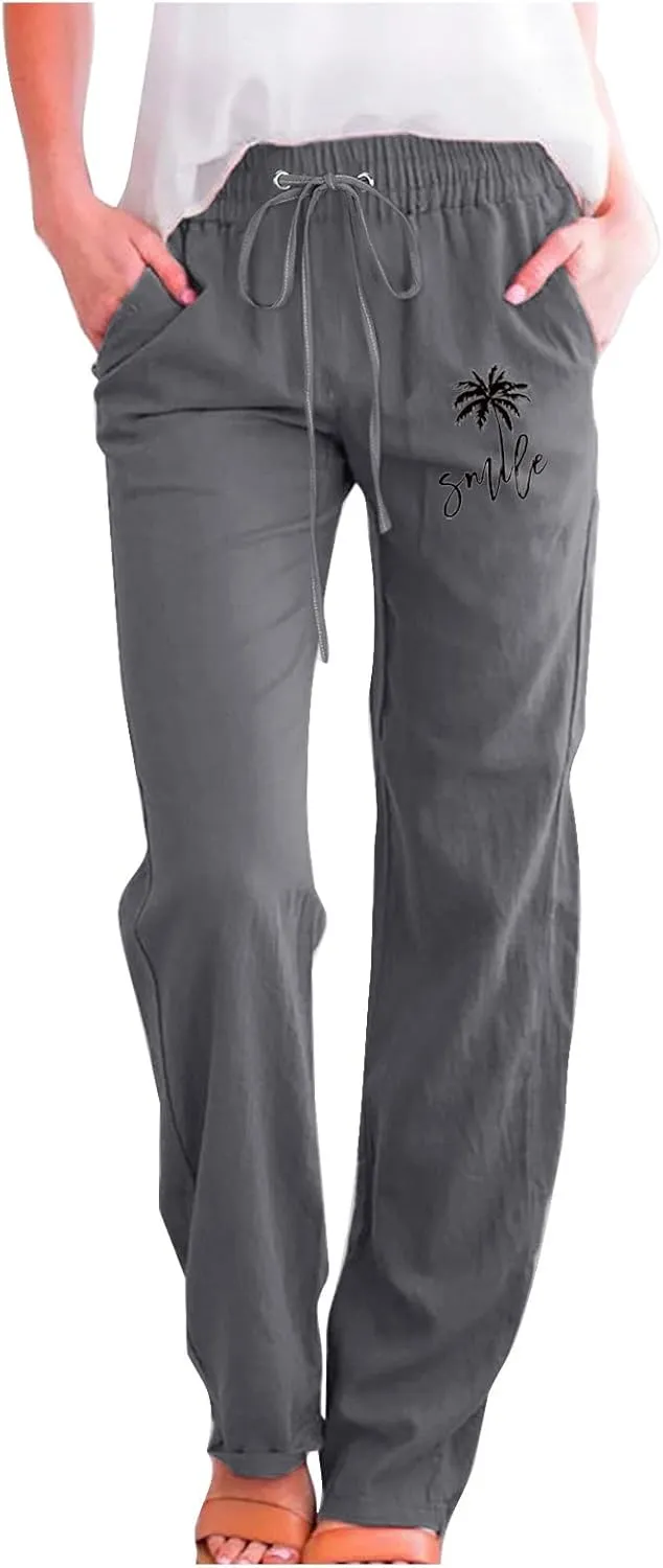 Womens Dress Pants Summer Drawstring High Waist Straight Leg Pants Casual Dressy Work Vacation Beach Trousers with Pockets
