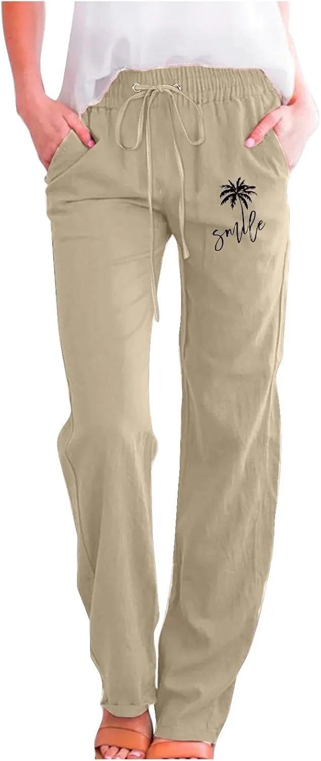 Womens Dress Pants Summer Drawstring High Waist Straight Leg Pants Casual Dressy Work Vacation Beach Trousers with Pockets