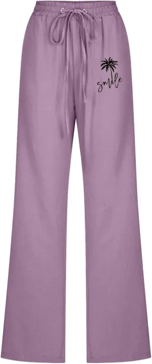 Womens Dress Pants Summer Drawstring High Waist Straight Leg Pants Casual Dressy Work Vacation Beach Trousers with Pockets