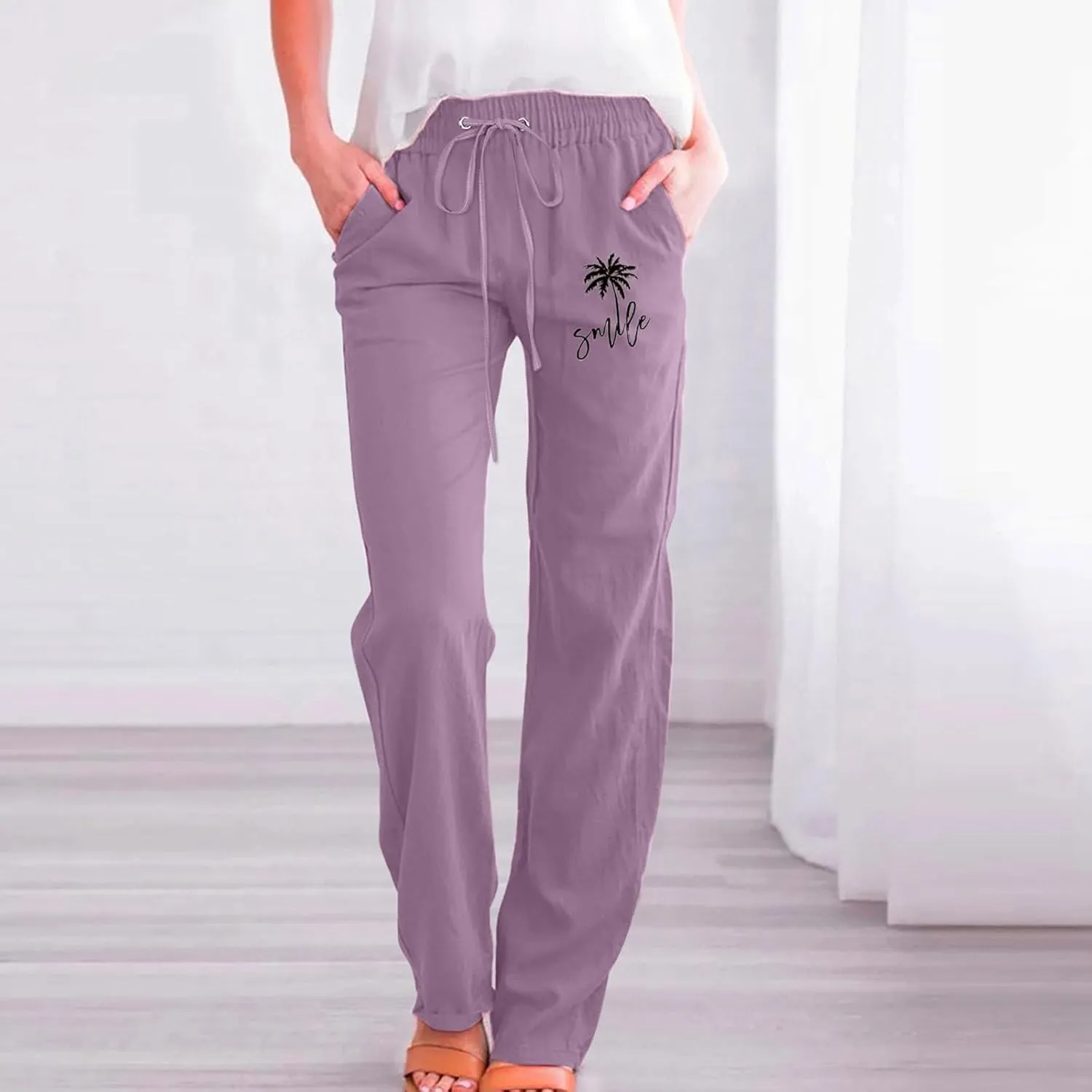 Womens Dress Pants Summer Drawstring High Waist Straight Leg Pants Casual Dressy Work Vacation Beach Trousers with Pockets