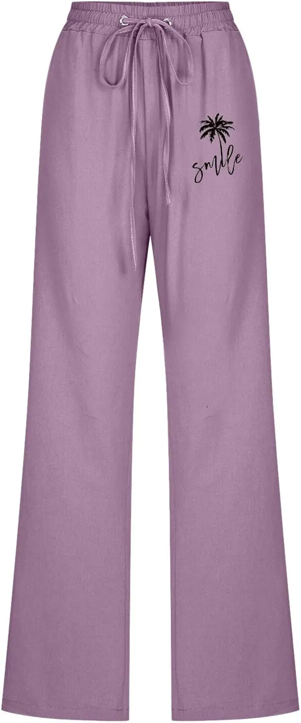Womens Dress Pants Summer Drawstring High Waist Straight Leg Pants Casual Dressy Work Vacation Beach Trousers with Pockets