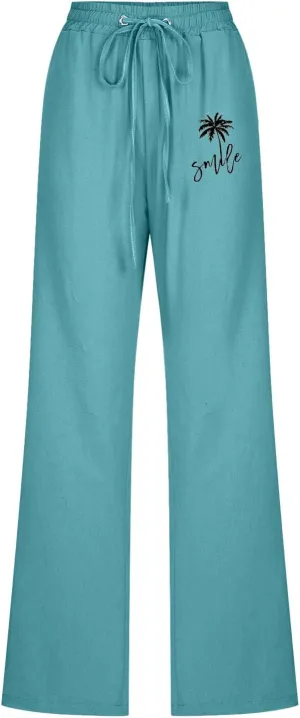 Womens Dress Pants Summer Drawstring High Waist Straight Leg Pants Casual Dressy Work Vacation Beach Trousers with Pockets