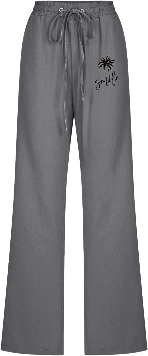 Womens Dress Pants Summer Drawstring High Waist Straight Leg Pants Casual Dressy Work Vacation Beach Trousers with Pockets