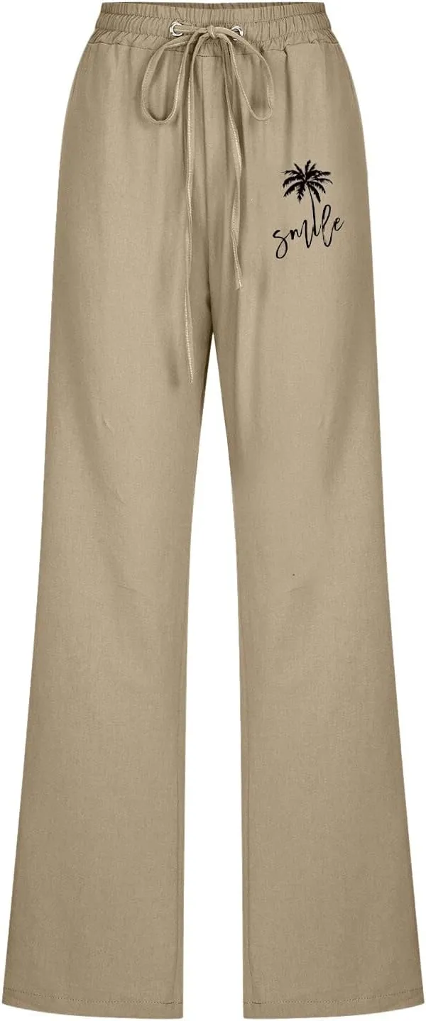 Womens Dress Pants Summer Drawstring High Waist Straight Leg Pants Casual Dressy Work Vacation Beach Trousers with Pockets