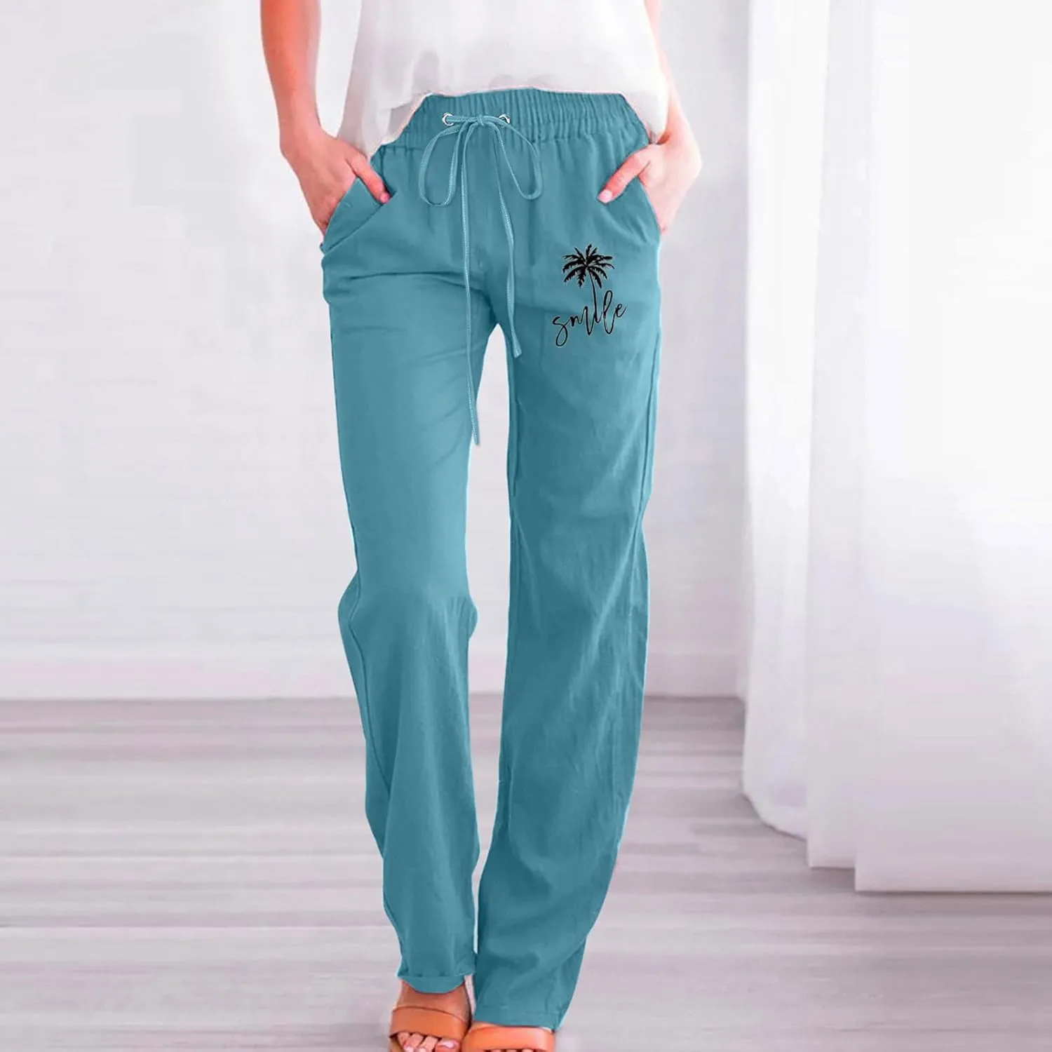 Womens Dress Pants Summer Drawstring High Waist Straight Leg Pants Casual Dressy Work Vacation Beach Trousers with Pockets