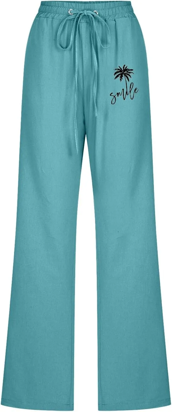 Womens Dress Pants Summer Drawstring High Waist Straight Leg Pants Casual Dressy Work Vacation Beach Trousers with Pockets
