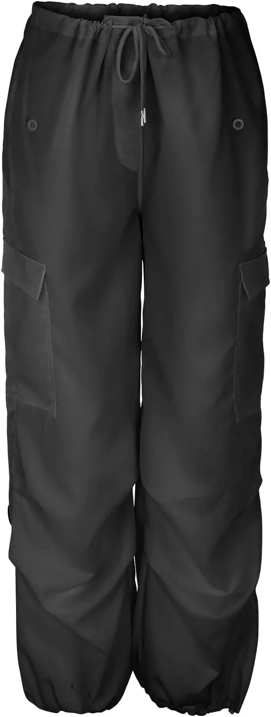 Women's Elastic Mid Waisted Drawstring Cargo Pants Solid Wide Straight Leg Casual Trousers Summer Street Lightweight Pants