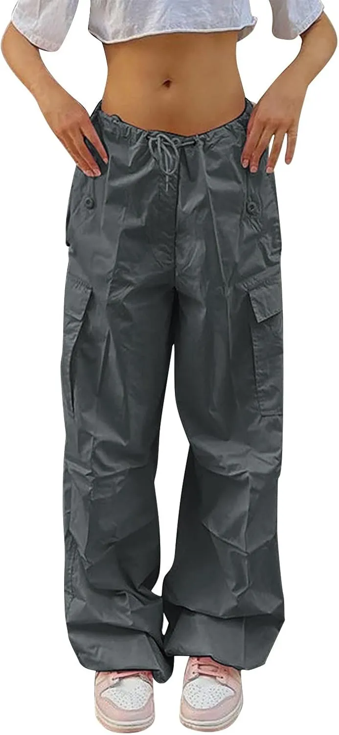 Women's Elastic Mid Waisted Drawstring Cargo Pants Solid Wide Straight Leg Casual Trousers Summer Street Lightweight Pants