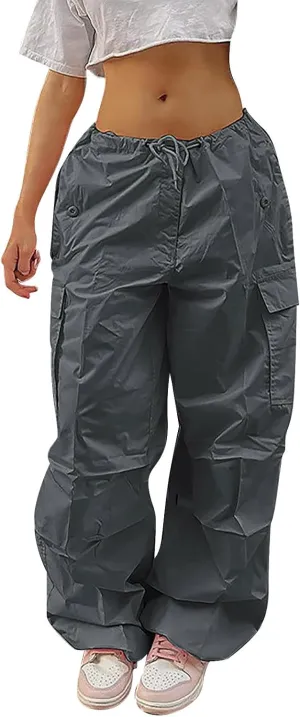 Women's Elastic Mid Waisted Drawstring Cargo Pants Solid Wide Straight Leg Casual Trousers Summer Street Lightweight Pants