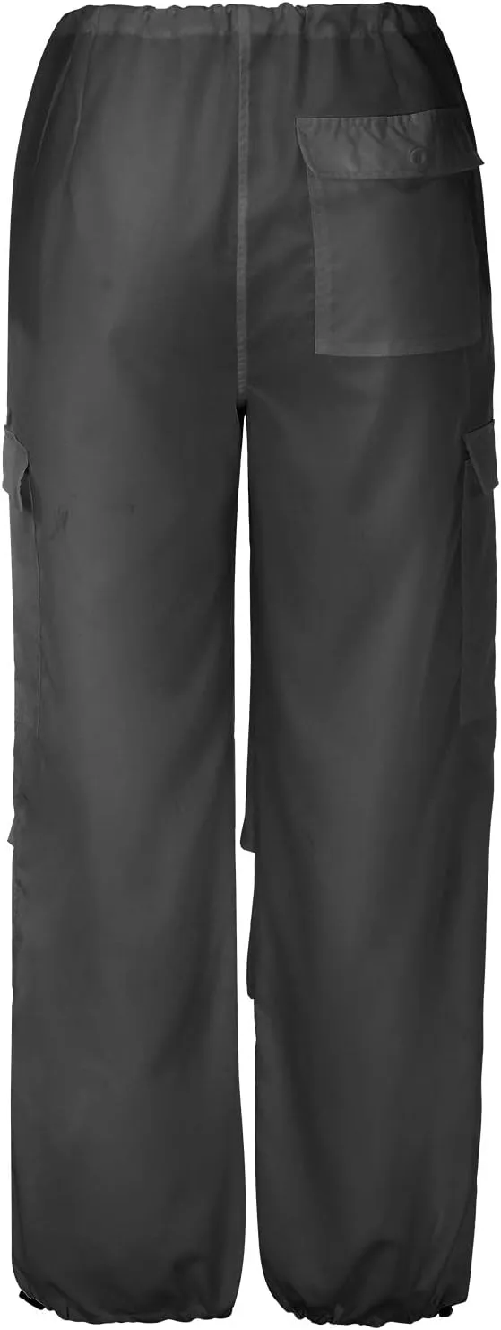Women's Elastic Mid Waisted Drawstring Cargo Pants Solid Wide Straight Leg Casual Trousers Summer Street Lightweight Pants