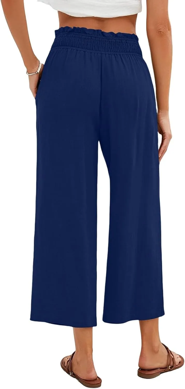 Womens Elastic Waist Pants Casual Comfy Straight Leg Cropped Trousers Lounge Elegant Summer Loose Travel Clothes 2025