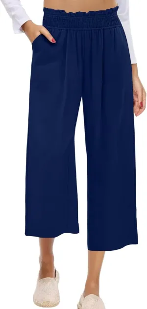 Womens Elastic Waist Pants Casual Comfy Straight Leg Cropped Trousers Lounge Elegant Summer Loose Travel Clothes 2025