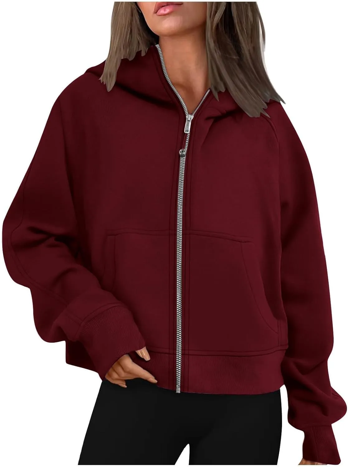 Womens Fashion, Pull Over Sweaters Womens, Hoodies for Women Full Zip Cropped Fleece Oversized Sweatshirts Zip up Jackets 2025 Fashion Fall Outfits Clothes, Wine,X-Large