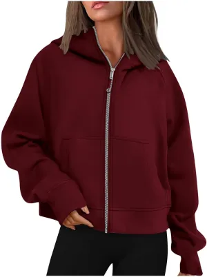 Womens Fashion, Pull Over Sweaters Womens, Hoodies for Women Full Zip Cropped Fleece Oversized Sweatshirts Zip up Jackets 2025 Fashion Fall Outfits Clothes, Wine,X-Large
