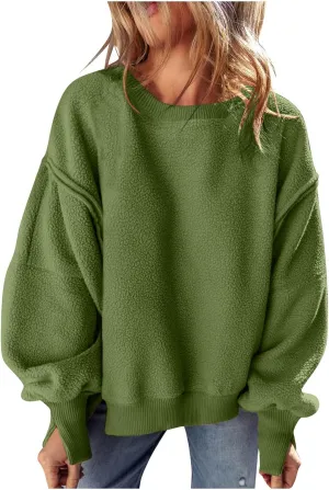 Women's Fleece Sweatshirt Winter Casual Fuzzy Warm Sweatshirt Long Sleeve Patchwork Sherpa Pullover Tops