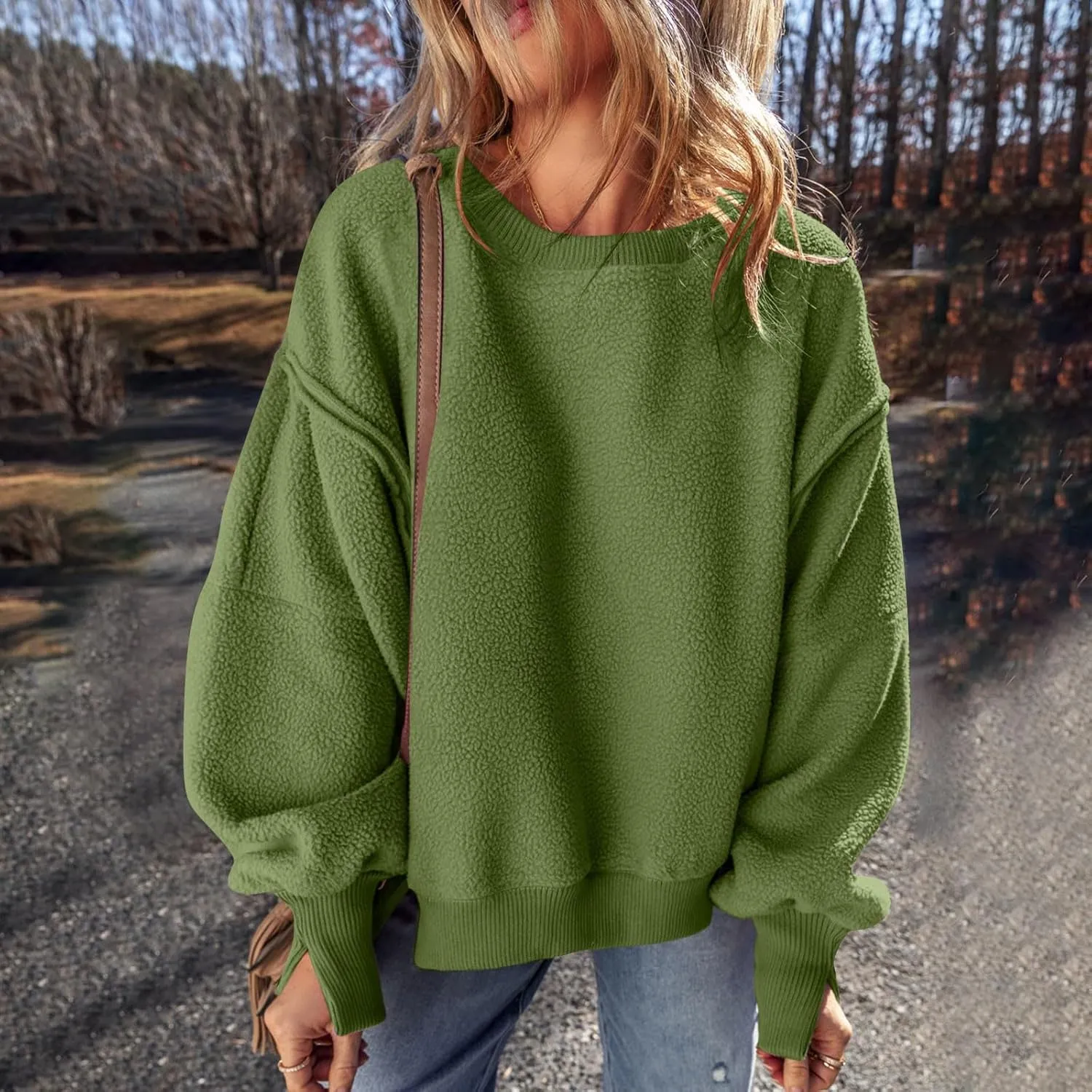Women's Fleece Sweatshirt Winter Casual Fuzzy Warm Sweatshirt Long Sleeve Patchwork Sherpa Pullover Tops