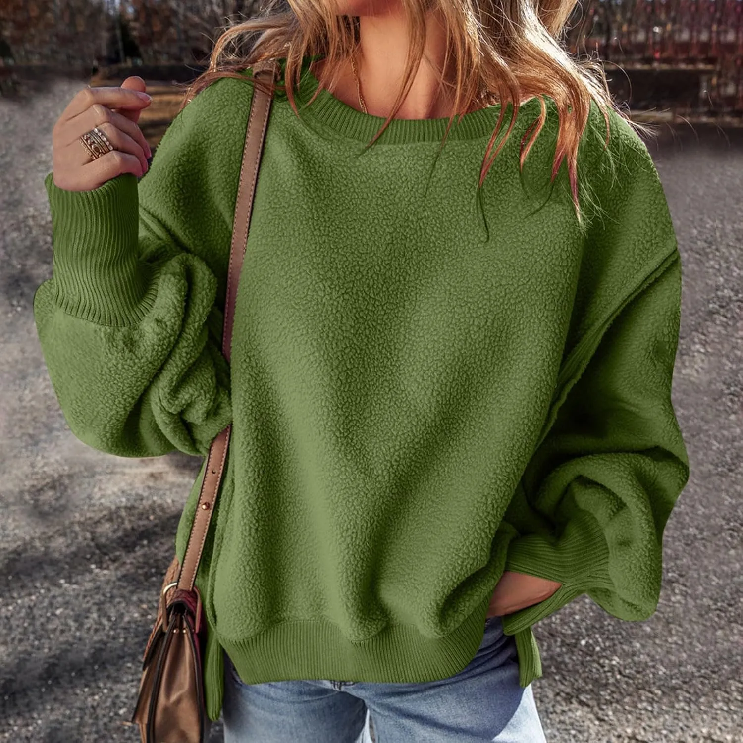 Women's Fleece Sweatshirt Winter Casual Fuzzy Warm Sweatshirt Long Sleeve Patchwork Sherpa Pullover Tops