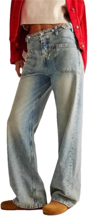 Women's Floor Length Denim Pants High Waist Wide Leg Straight Jeans Y2k Streetwear Trousers