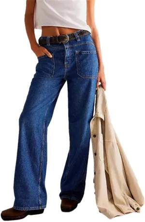 Women's Floor Length Denim Pants High Waist Wide Leg Straight Jeans Y2k Streetwear Trousers