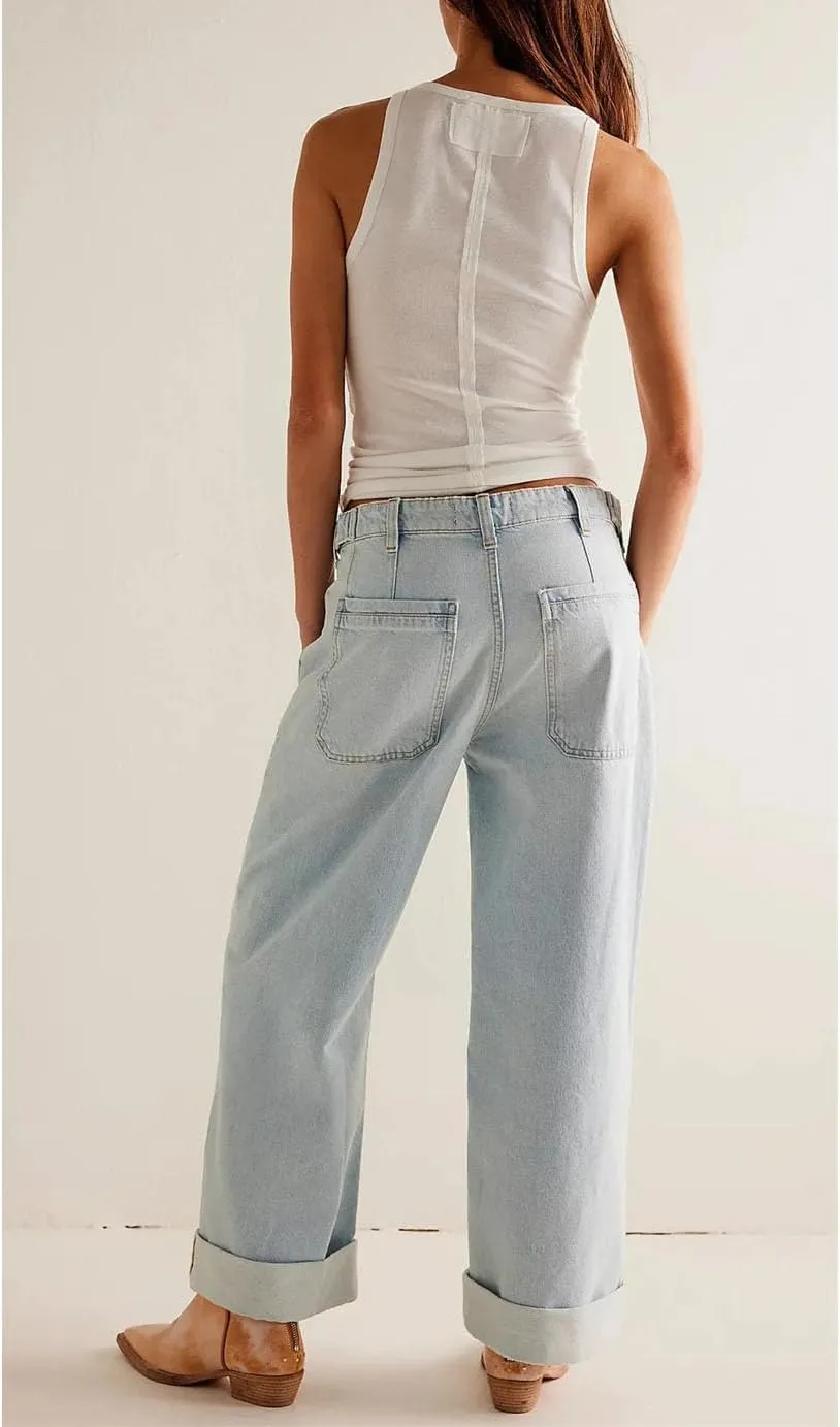 Women's Floor Length Denim Pants High Waist Wide Leg Straight Jeans Y2k Streetwear Trousers